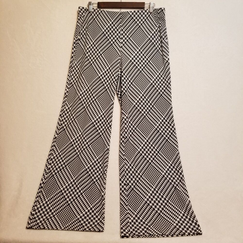 Chicos 1.5R (10) Pants Black White Houndstooth Wide Leg Pull On Office Retro